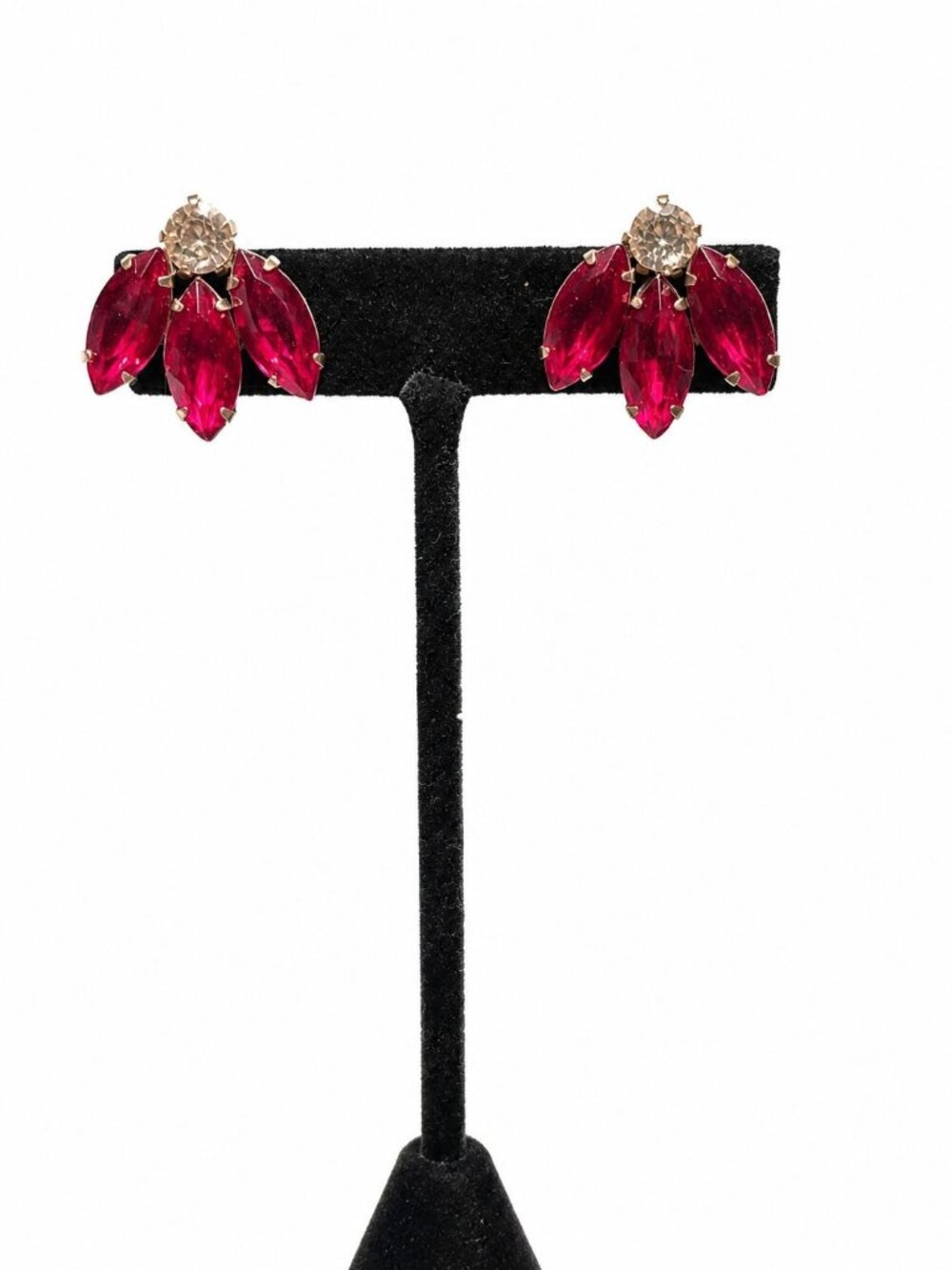 Vintage 1950s Red Navette Rhinestone Mid Century Glam Screwback Earrings